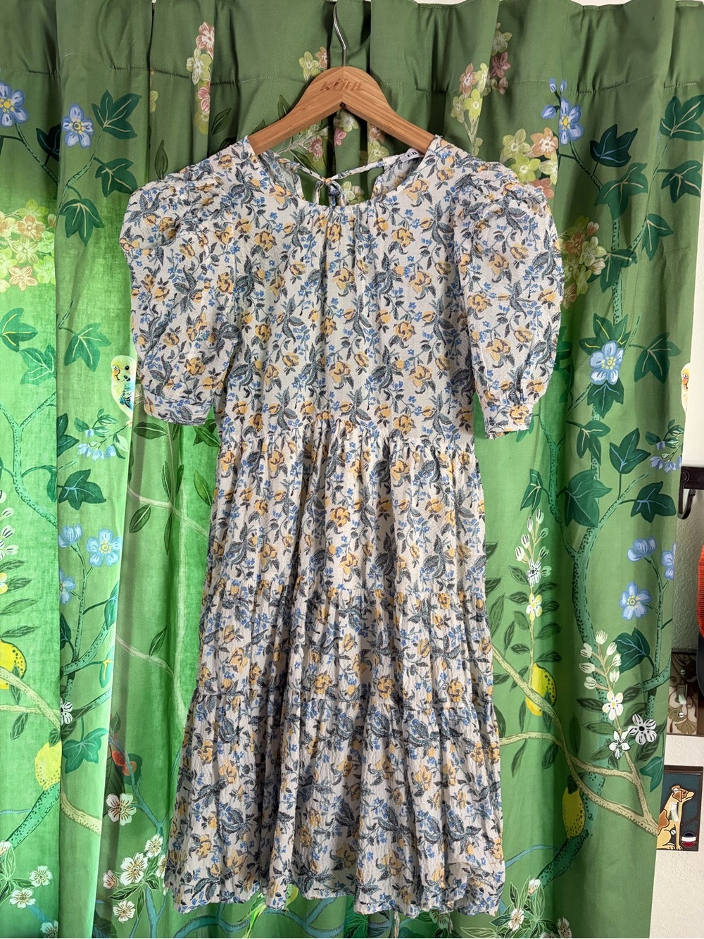 En Saison Floral Puff-Sleeve Midi Dress in Blue, Yellow, Cream